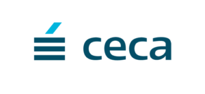 Logotipo corporativo azul con forma abstracta.