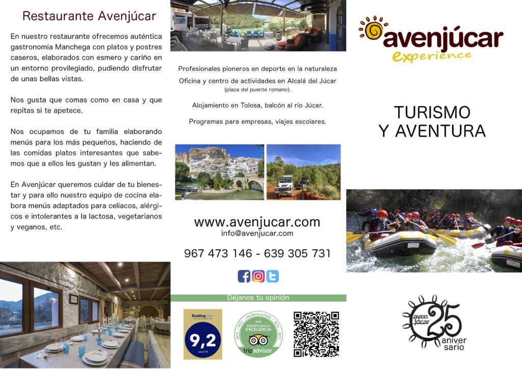 Folleto de Avenjúcar: turismo activo y gastronomía local.