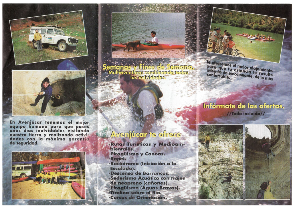 Folleto de aventuras al aire libre y turismo activo.
