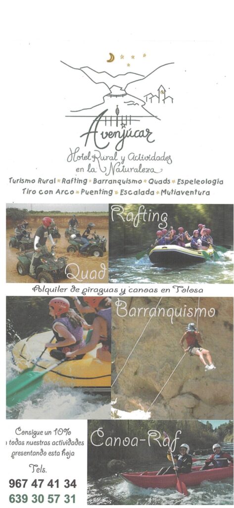 Folleto de aventura rural con actividades y descuentos.